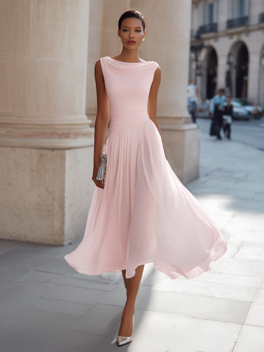 Draped Neck Sleeveless Pleated Midi Dress