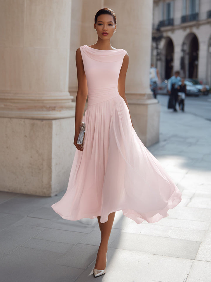 Sleeveless Pleated Midi Dress with Draped Neckline