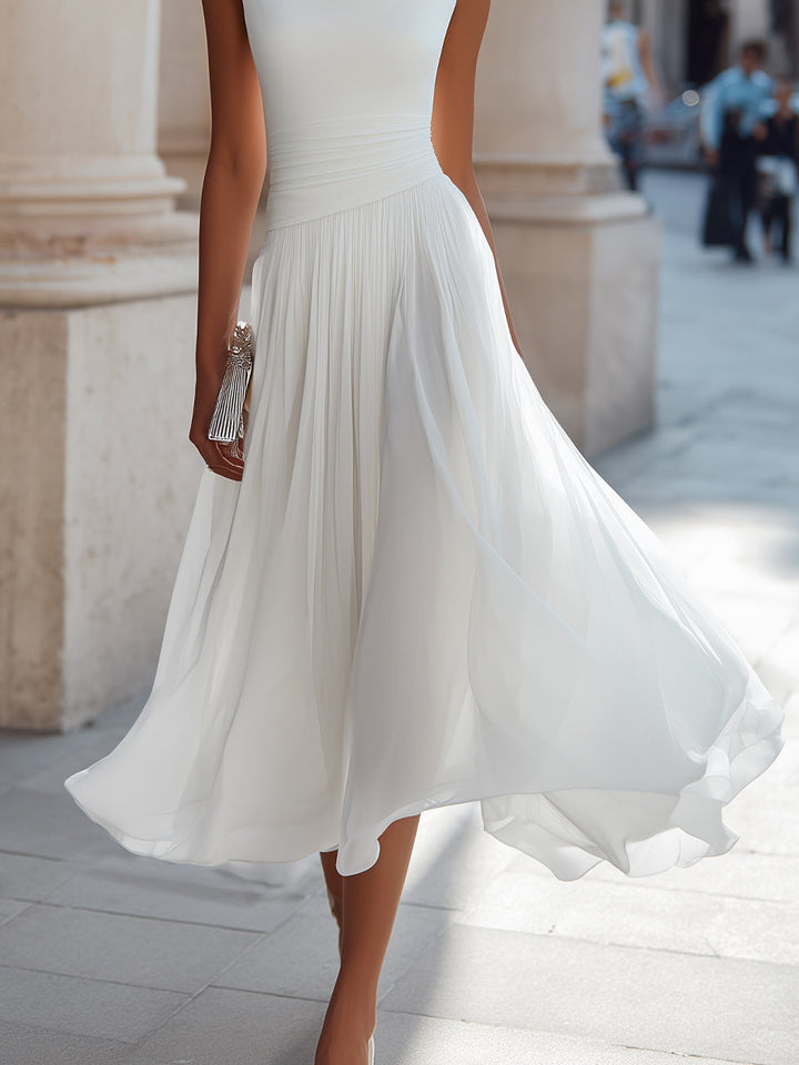 Sleeveless Pleated Midi Dress with Draped Neckline