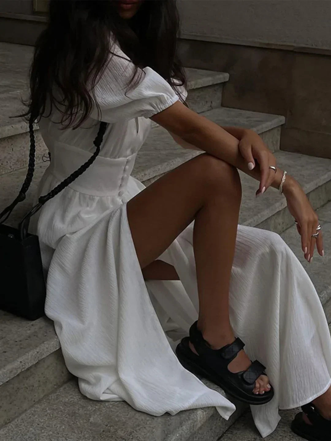 Anais | Puff-Sleeve Buttoned Maxi Dress with Slit