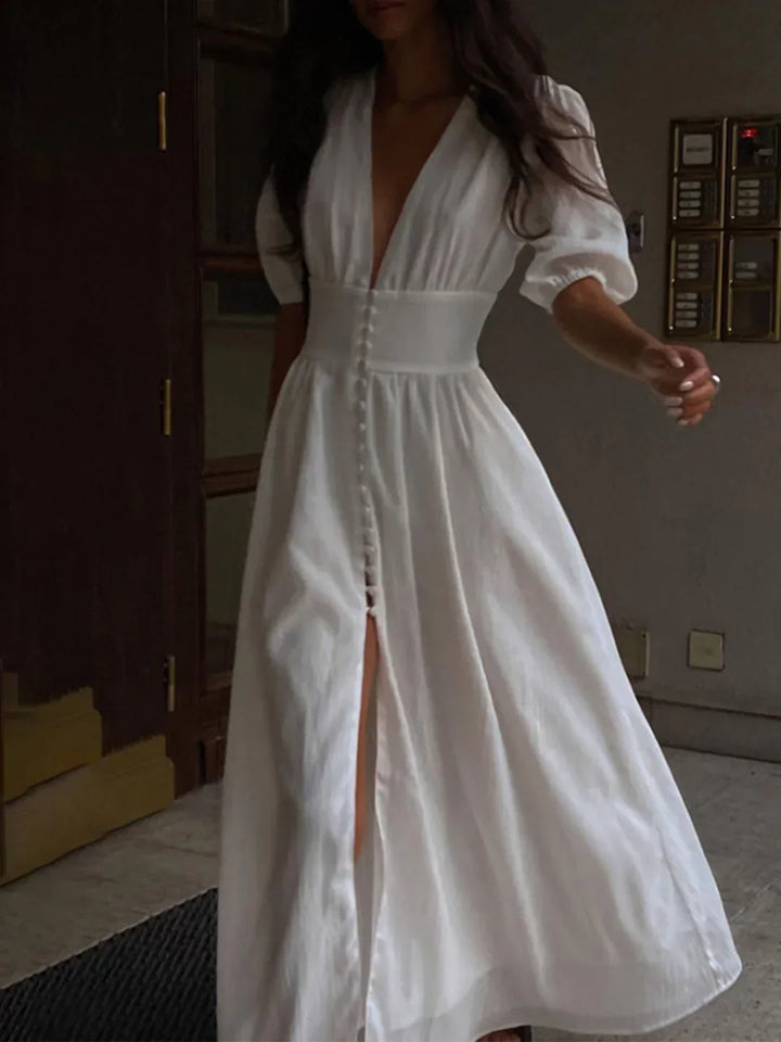Anais | Puff-Sleeve Buttoned Maxi Dress with Slit
