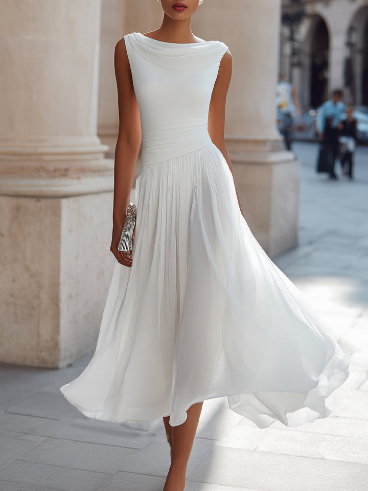 Sleeveless Pleated Midi Dress with Draped Neckline
