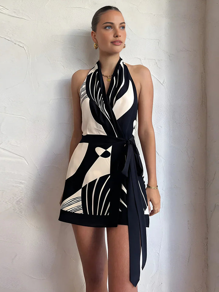 Halter Mini Dress with Contrast Print and Belt
