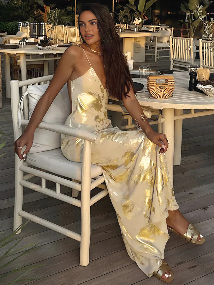 Lola | Metallic Satin V-Neck Backless Maxi Dress