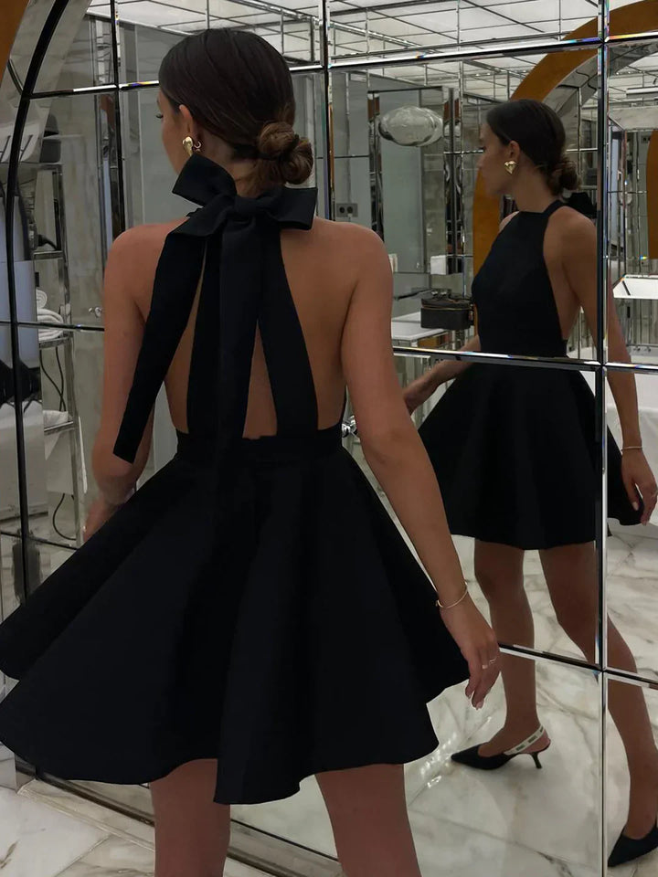 Carolina | Pleated Satin Tie-Front Backless Mini Dress with Double Pockets