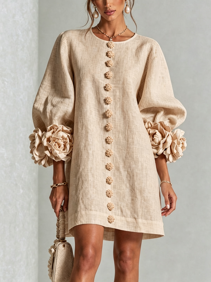 White Floral Mini Dress with Buttons and Statement Floral Sleeves