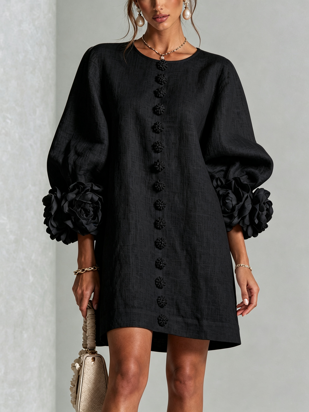 White Floral Mini Dress with Buttons and Statement Floral Sleeves