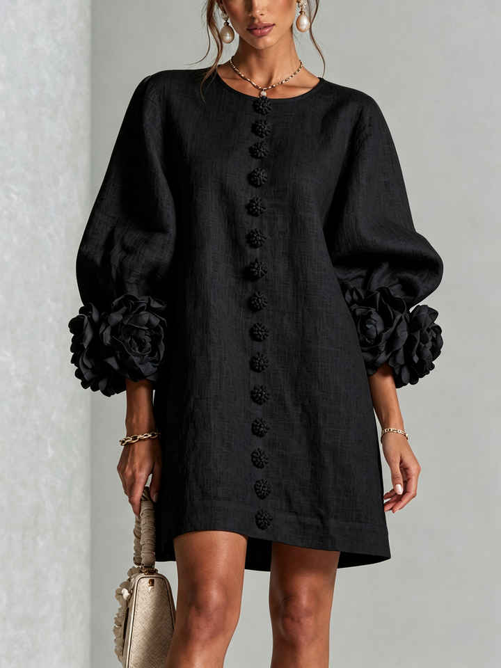 White Floral Mini Dress with Buttons and Statement Floral Sleeves