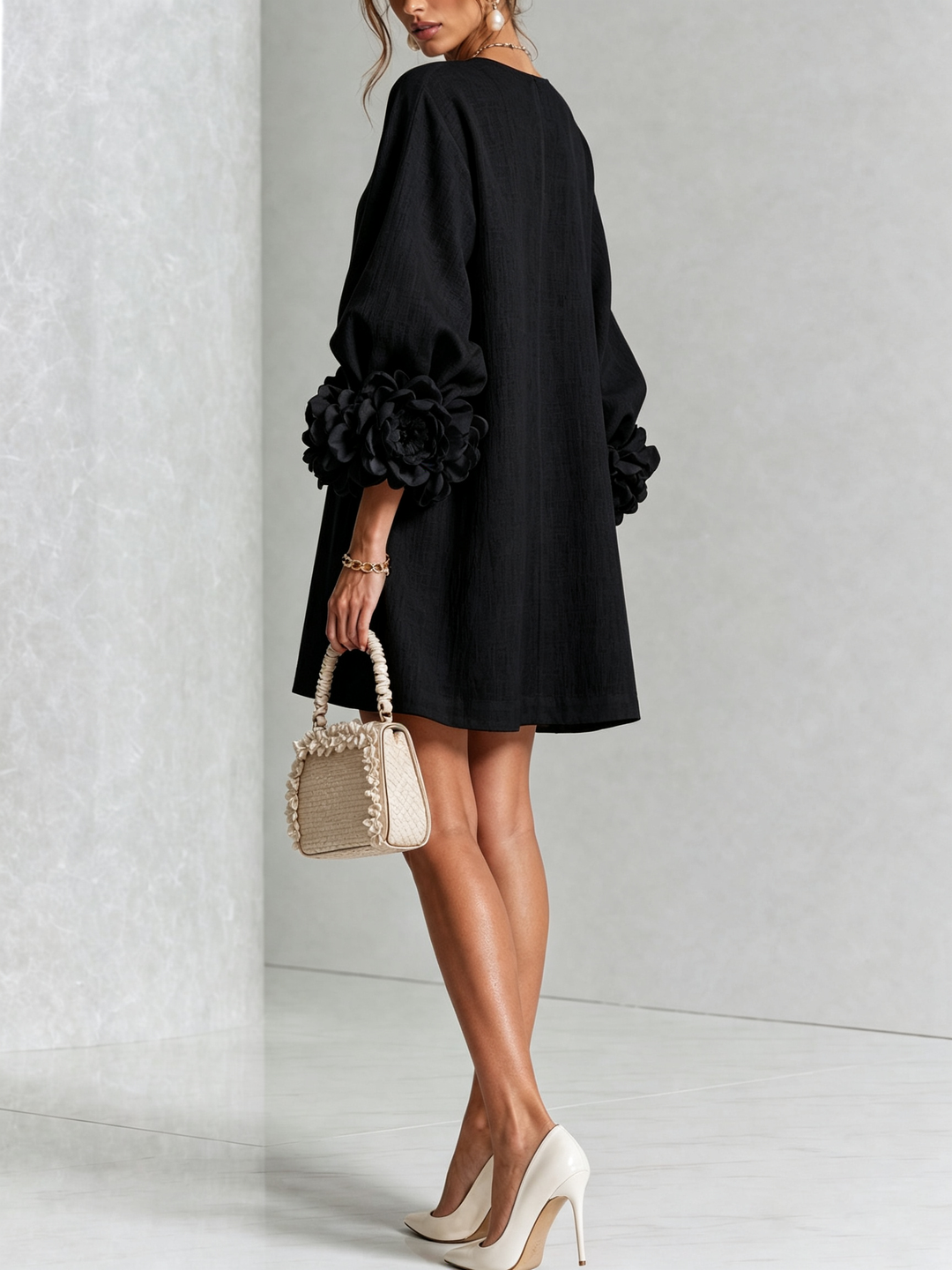 White Floral Mini Dress with Buttons and Statement Floral Sleeves