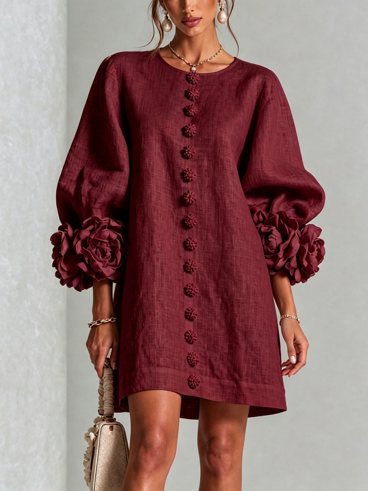 White Floral Mini Dress with Buttons and Statement Floral Sleeves