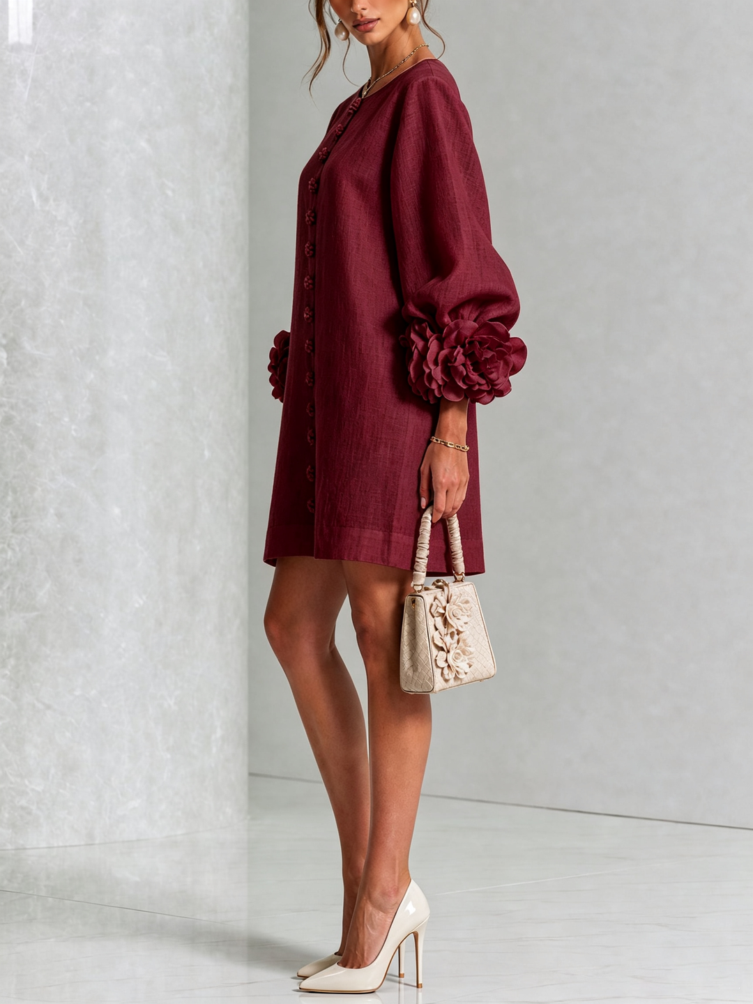 White Floral Mini Dress with Buttons and Statement Floral Sleeves