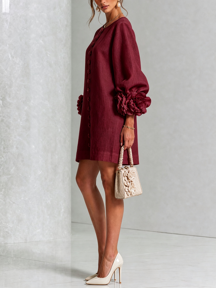 White Floral Mini Dress with Buttons and Statement Floral Sleeves