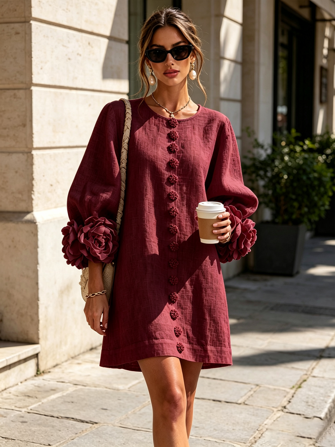 White Floral Mini Dress with Buttons and Statement Floral Sleeves