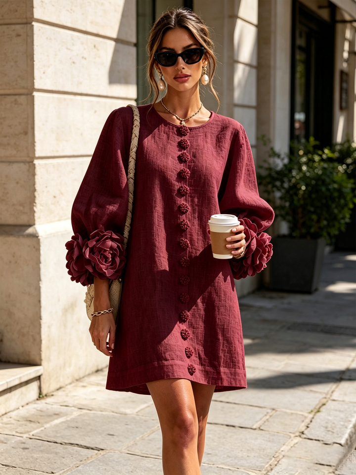 White Floral Mini Dress with Buttons and Statement Floral Sleeves