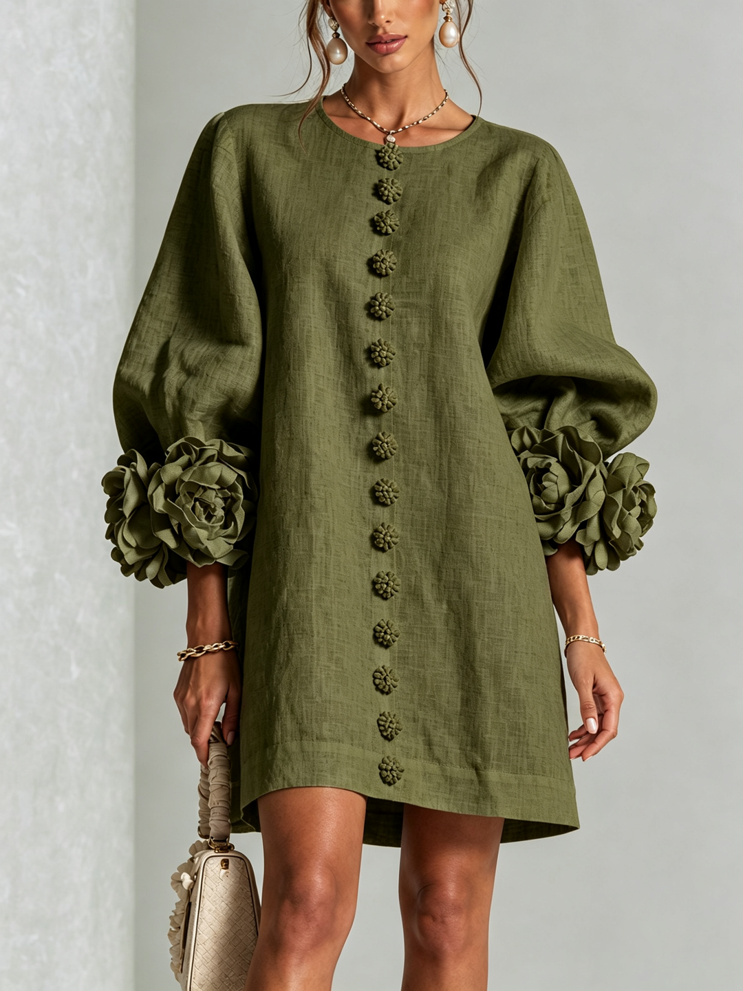 White Floral Mini Dress with Buttons and Statement Floral Sleeves