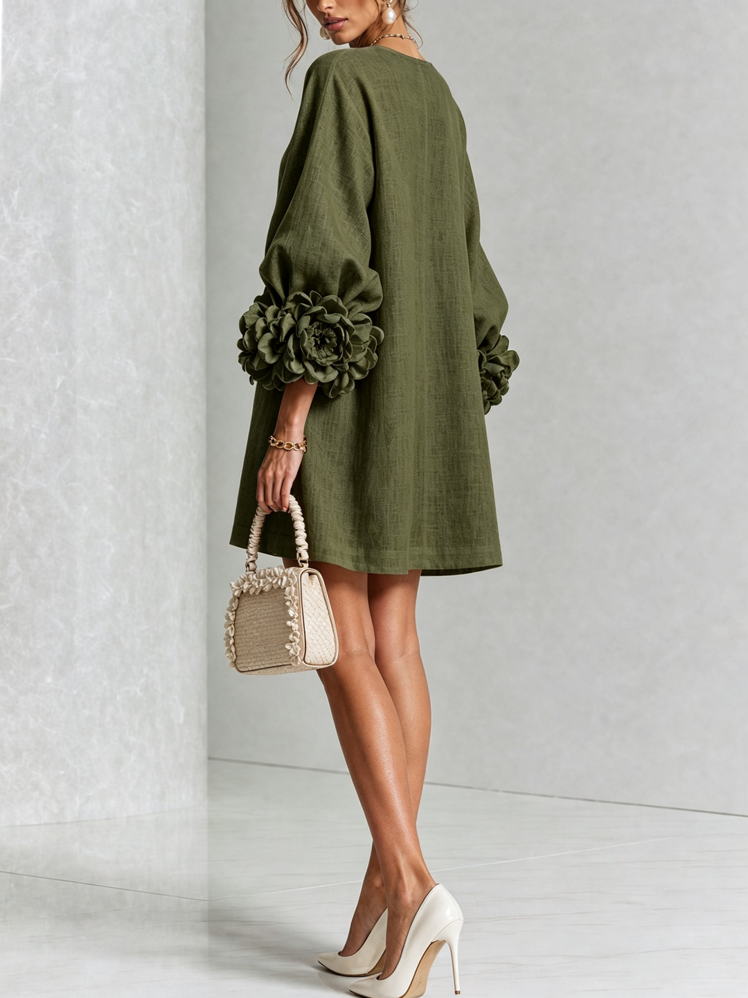 White Floral Mini Dress with Buttons and Statement Floral Sleeves