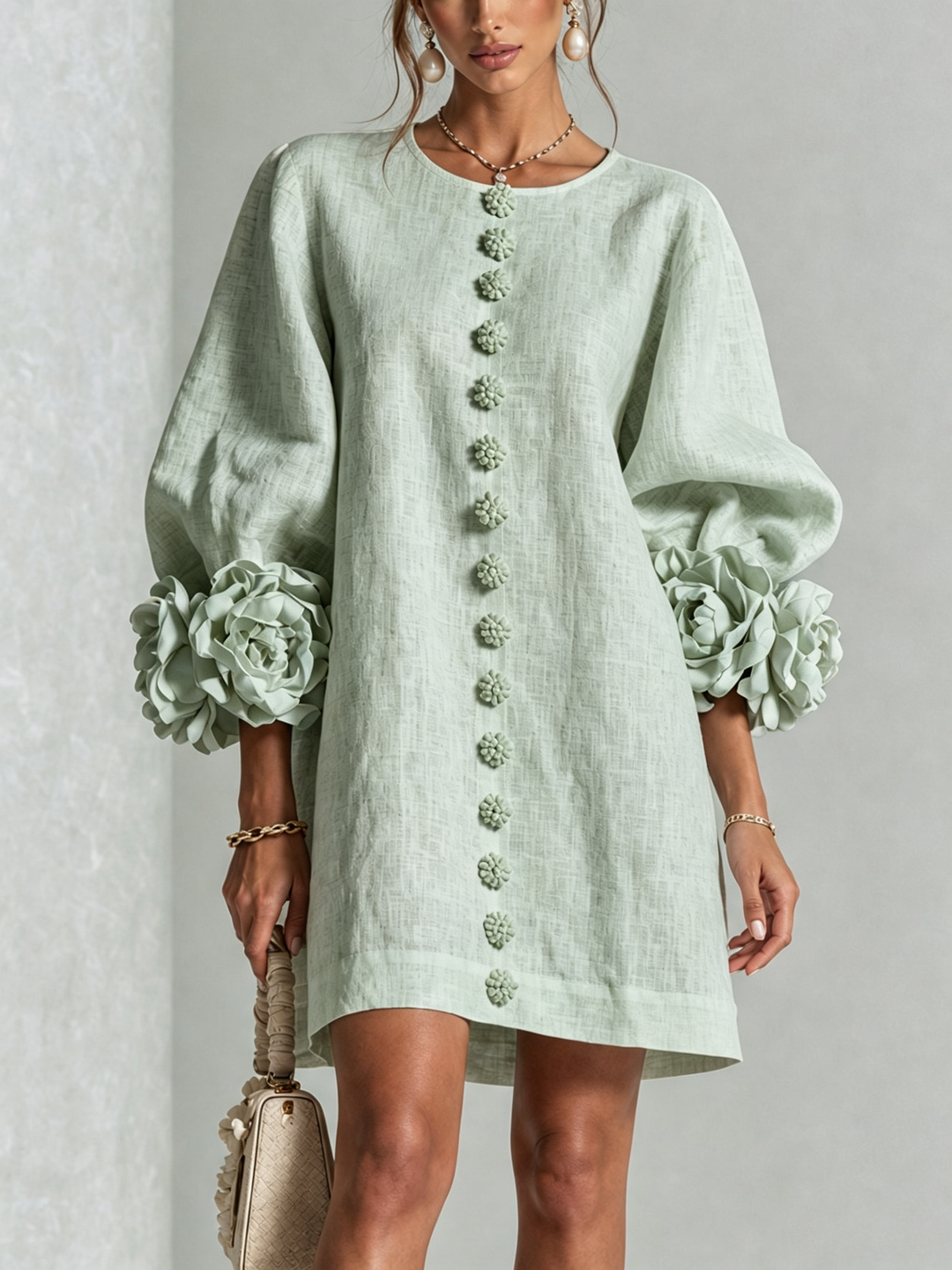 White Floral Mini Dress with Buttons and Statement Floral Sleeves