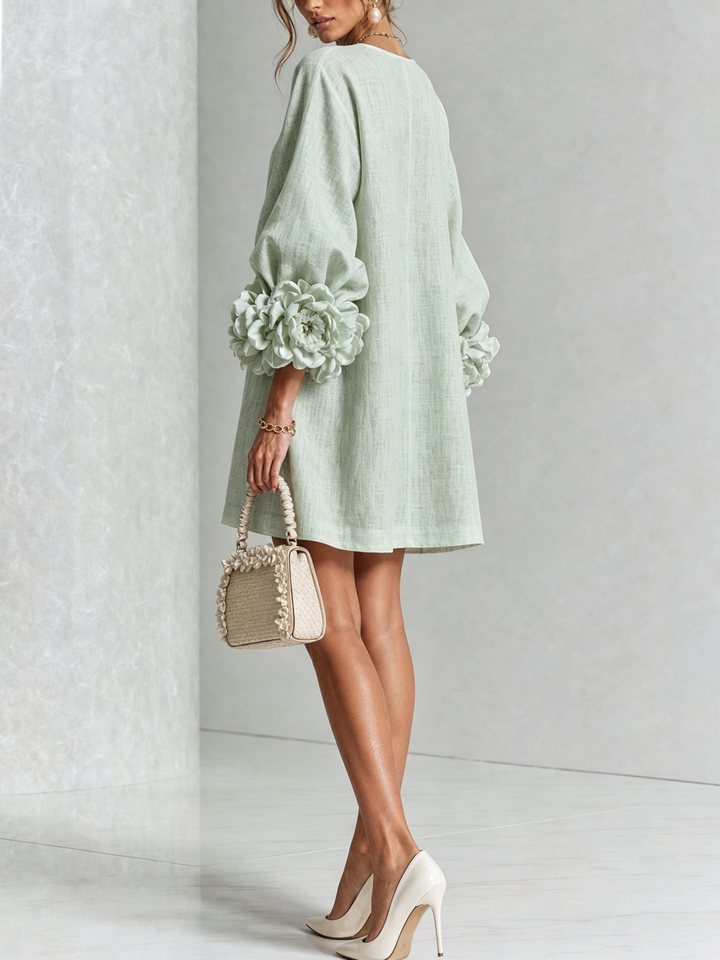 White Floral Mini Dress with Buttons and Statement Floral Sleeves