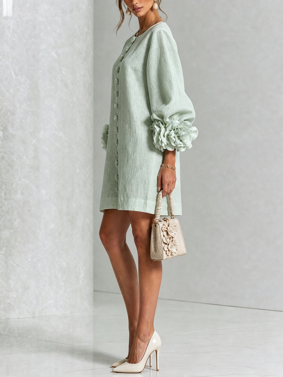 White Floral Mini Dress with Buttons and Statement Floral Sleeves