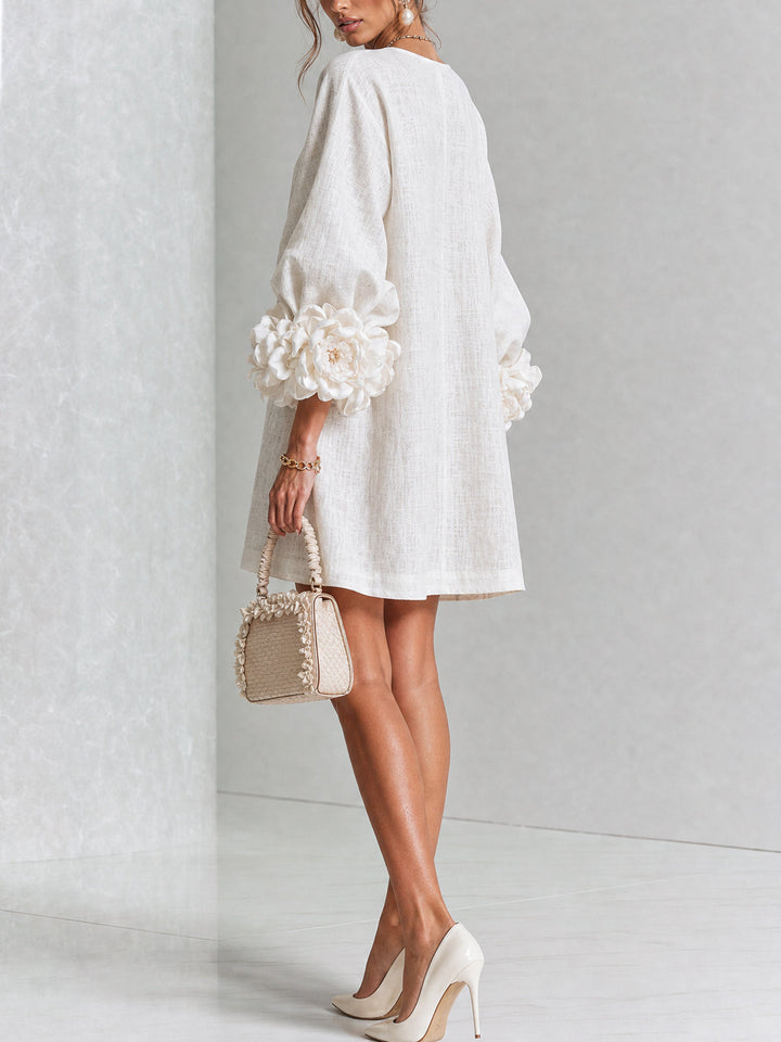 White Floral Mini Dress with Buttons and Statement Floral Sleeves