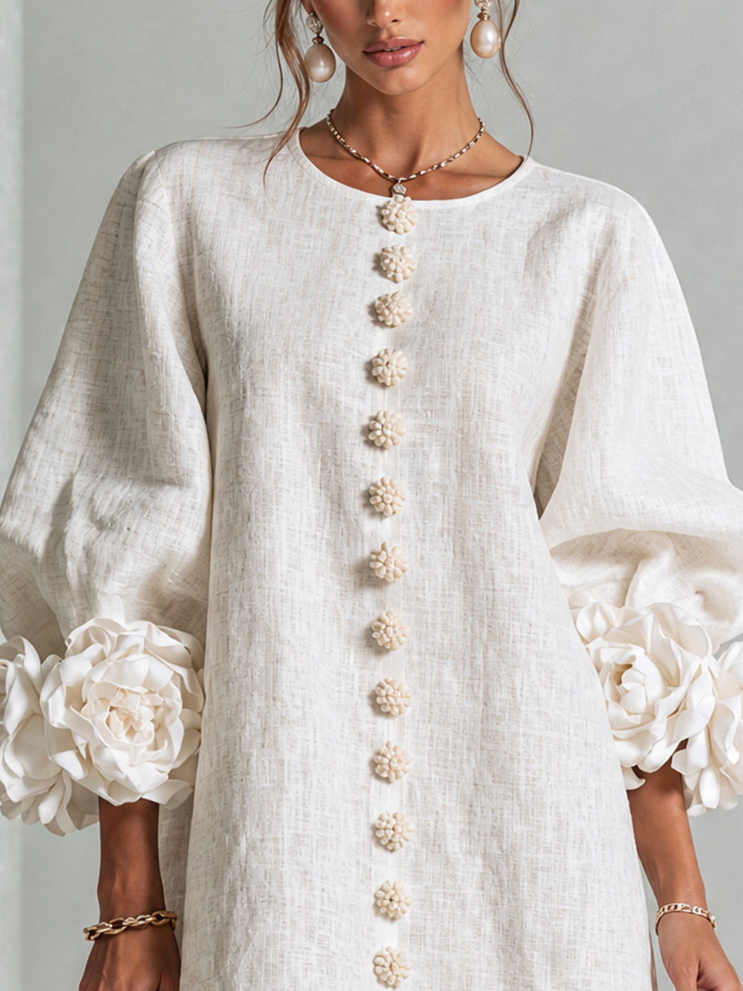 White Floral Mini Dress with Buttons and Statement Floral Sleeves