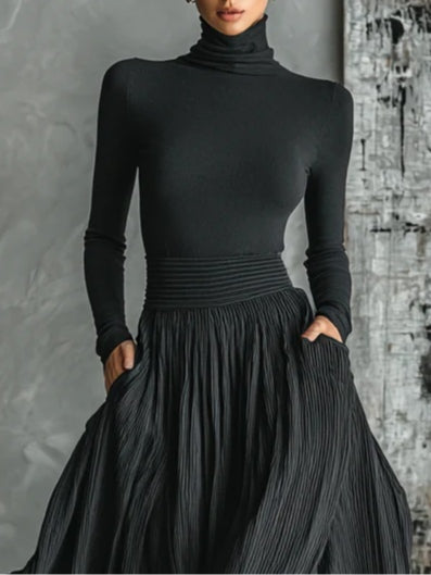 Fashion All Black Skinny Turtleneck T-shirt and Pleated Skirt Set