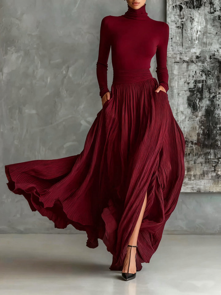 Fashion All Black Skinny Turtleneck T-shirt and Pleated Skirt Set