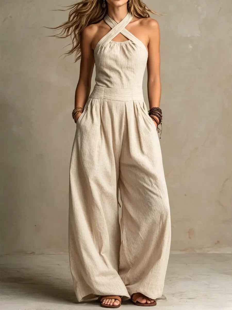 Bianca | Elegant Linen &amp; Cotton Wrap-Neck Jumpsuit